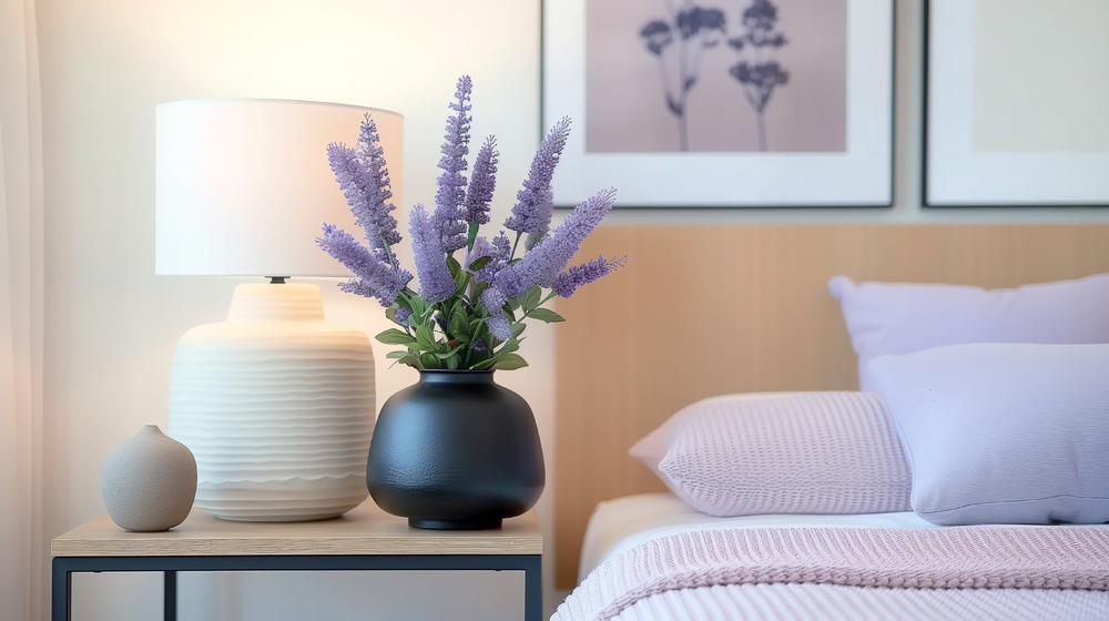 Espacio de dormitorio decorado con una mesita de noche que combina elementos funcionales y elegantes, como una lámpara, un jarrón con lavanda y detalles en tonos suaves para un ambiente acogedor.